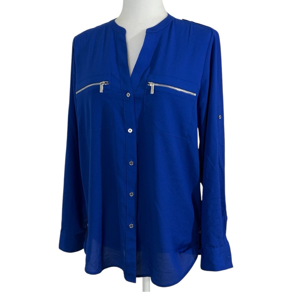 CALVIN KLEIN Women's Blouse Button Up V Neck Long Sleeves S/CH/P Blue Pre-Owned